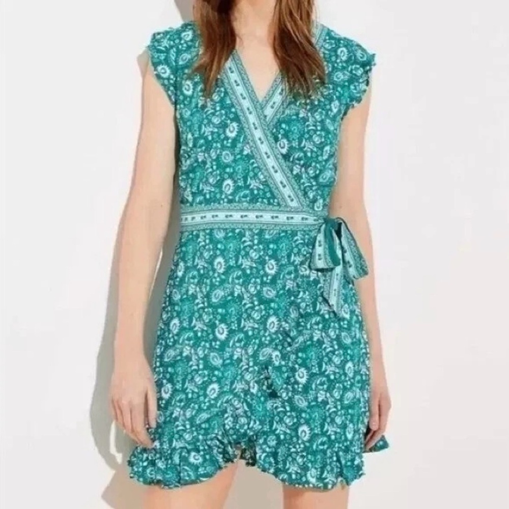 LOFT Floral Green Wrap Dress Sz 00